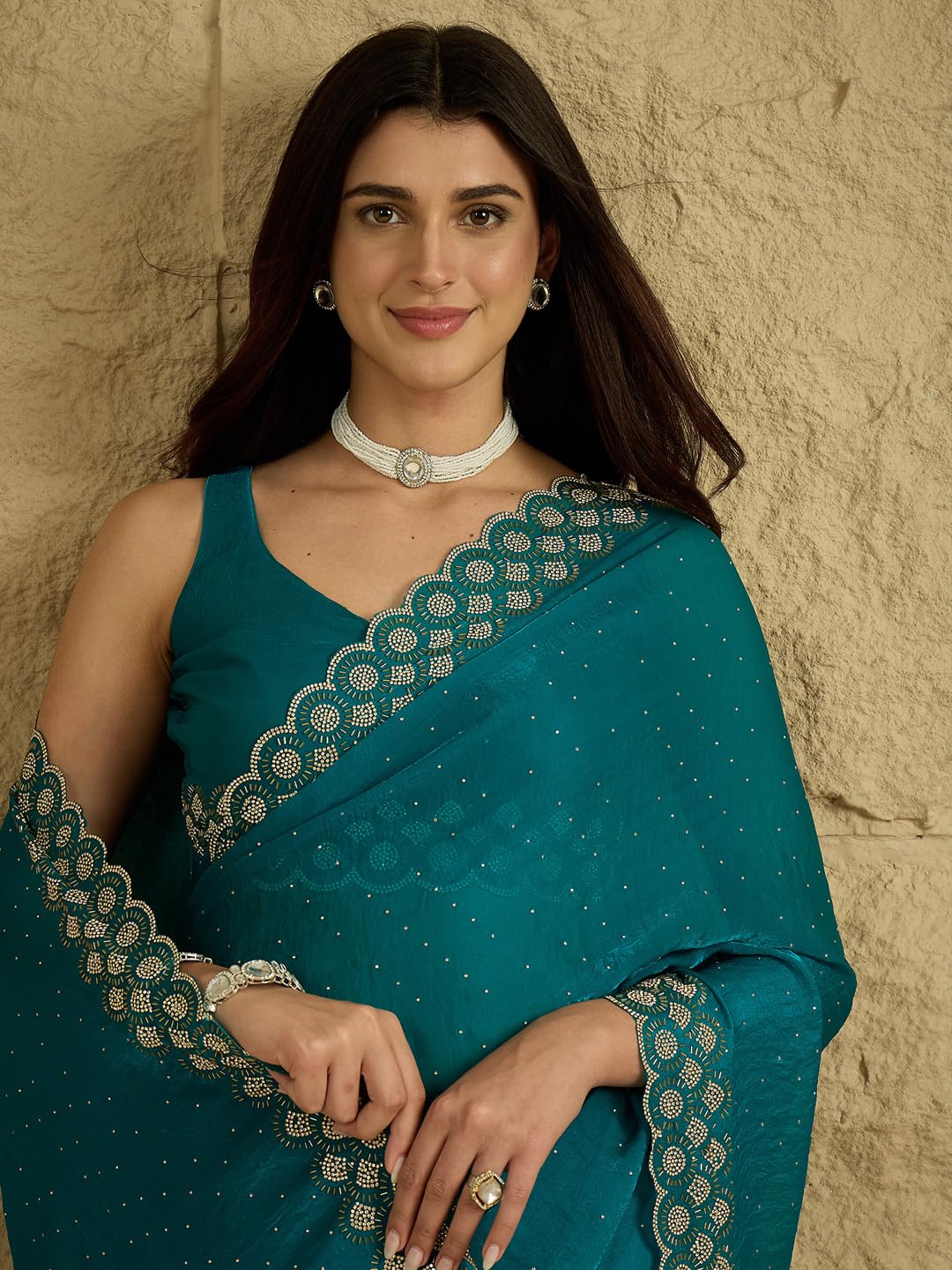 AKHILAM AKHILAMWomen'sTealblueSatinSilkBeads&StonesWorkScallopedBorderSareeWithUnstitchedBlousePiece|sareeforwoman|DesignerSareeforWomen|Soft and Skin Friendly(VT6074B_VM)