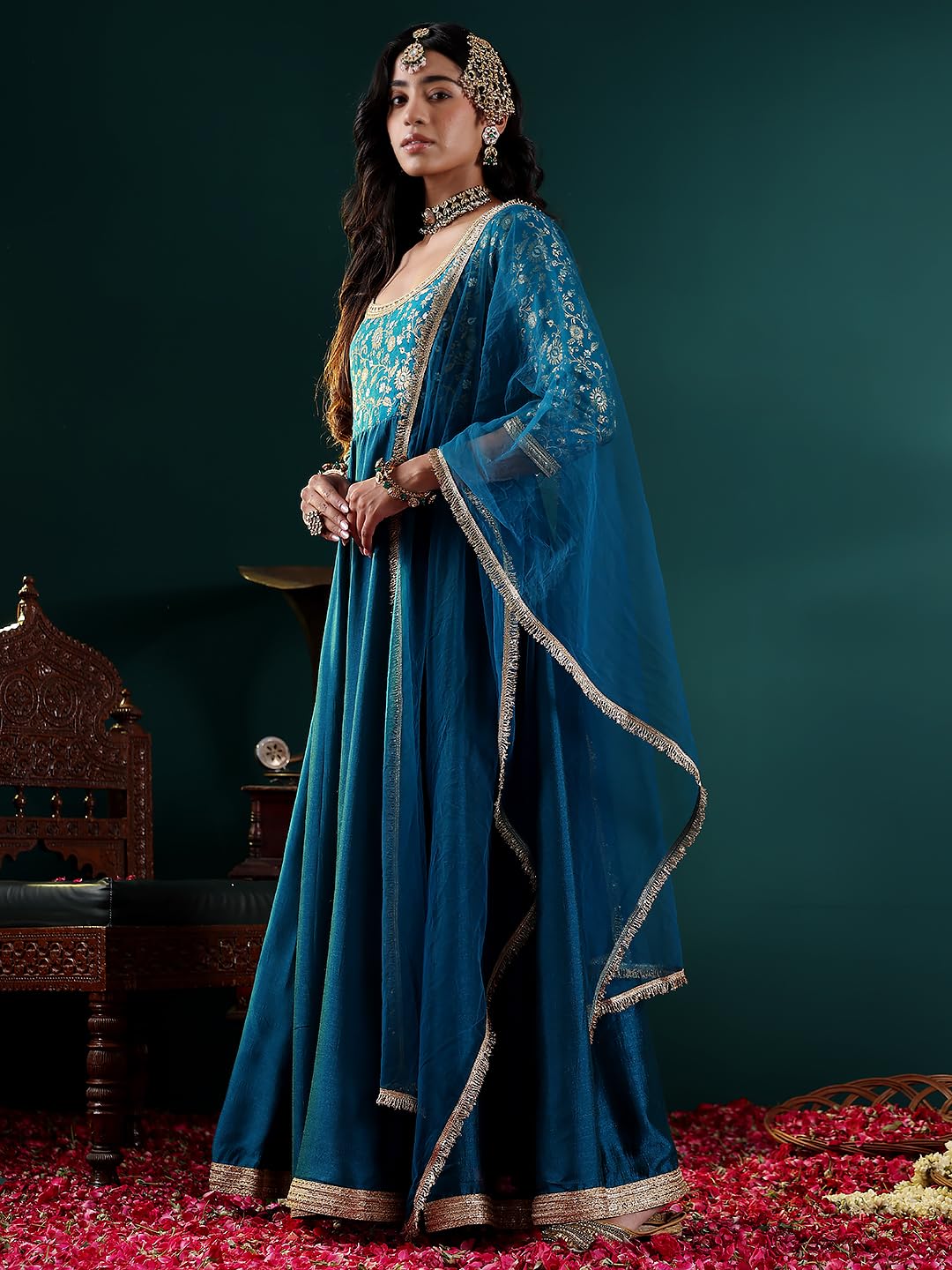 Varanga Women Zari Embroidered A-Line Kurta Set with Bottom & Dupatta – Exquisite Traditional Attire for Festive & Special Occasions