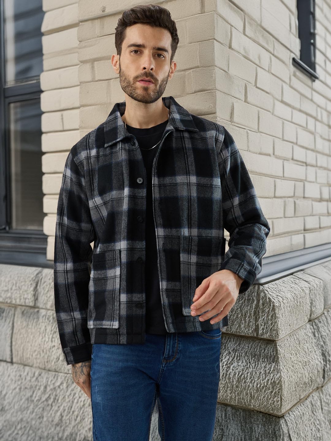 Status Quo Men's Wool Blend Checked Pattern Regular Fit Shacket | 100% Polyester | BLACK | 4XL Size