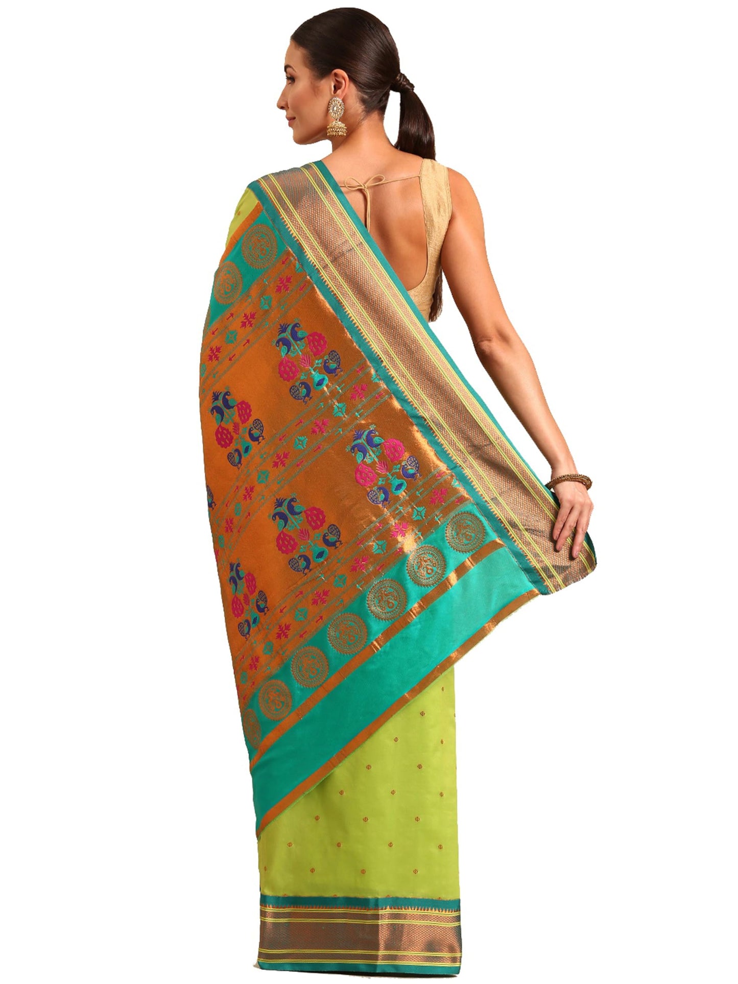 Varkala Silk Sarees Women's Kadiyal Soft Silk Maharani Paithani Saree With Blouse Piece (V241A316-COPR_Parrot Green & Rama)