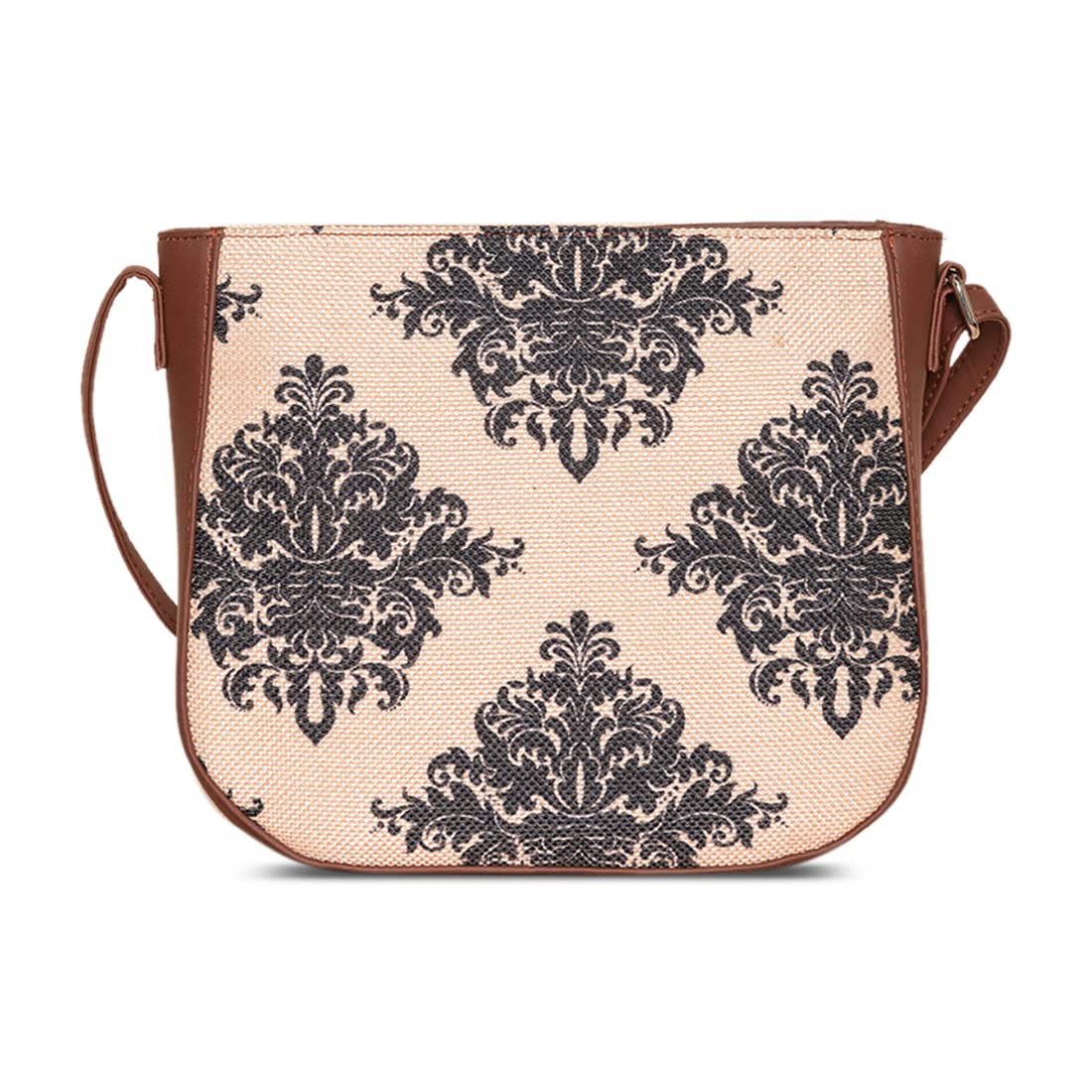 ZOUK Women's Handcrafted Cream Mughal Motif Printed U Shaped Sling Bag