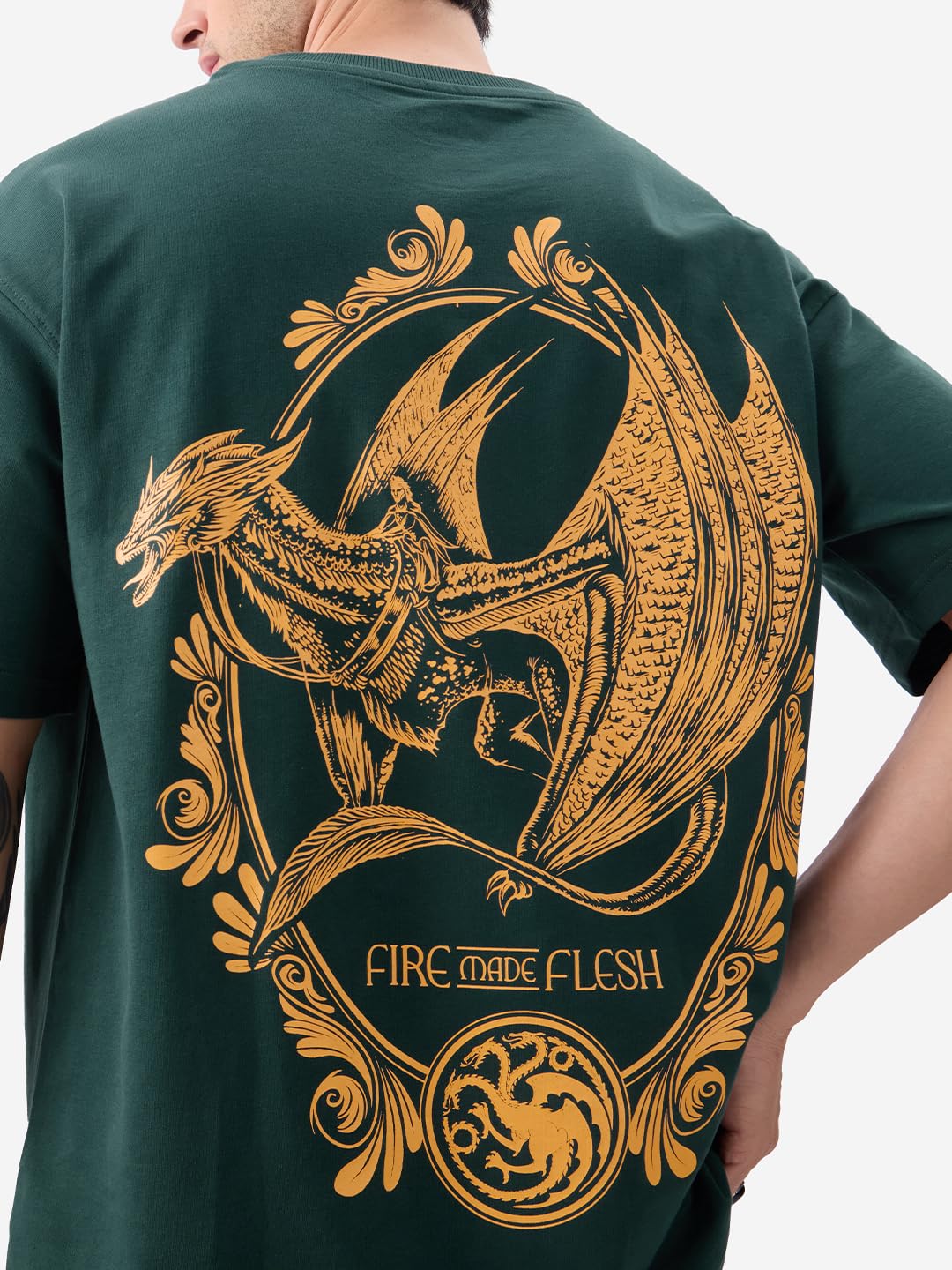 The Souled Store Official House of Dragon: Fire Made Flesh Men and Boys Short Sleeves Round Neck Green Graphic Printed Cotton Oversized T-Shirts