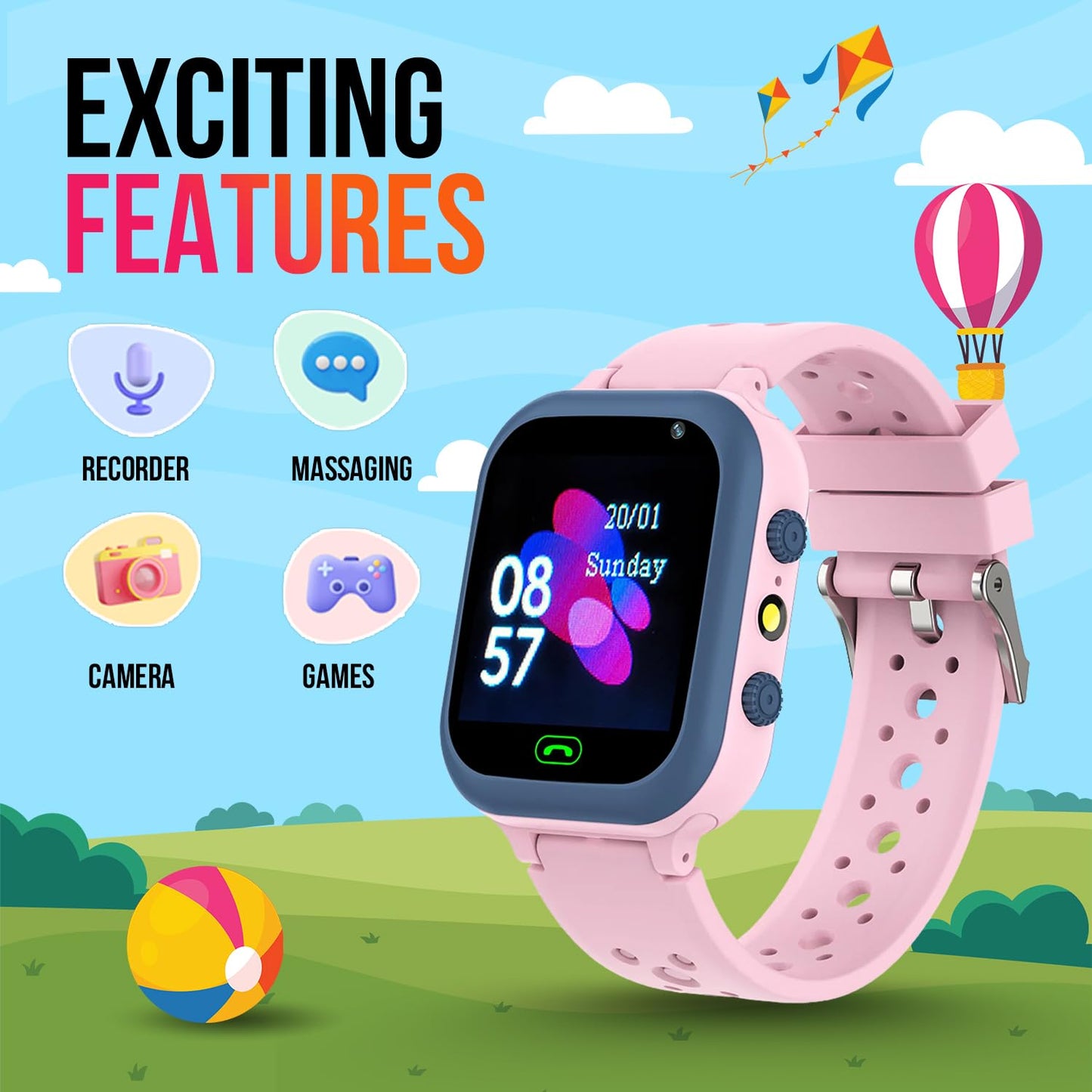 PunnkFunnk Kids Smart Watch 1.44" TFT Display, 4G Sim Card Phone with Long-Lasting Voice Call, Kids GPS, Music Player, Alarm Clock, Games, & IP67 Waterproof(Pink)(Made by MELBON)