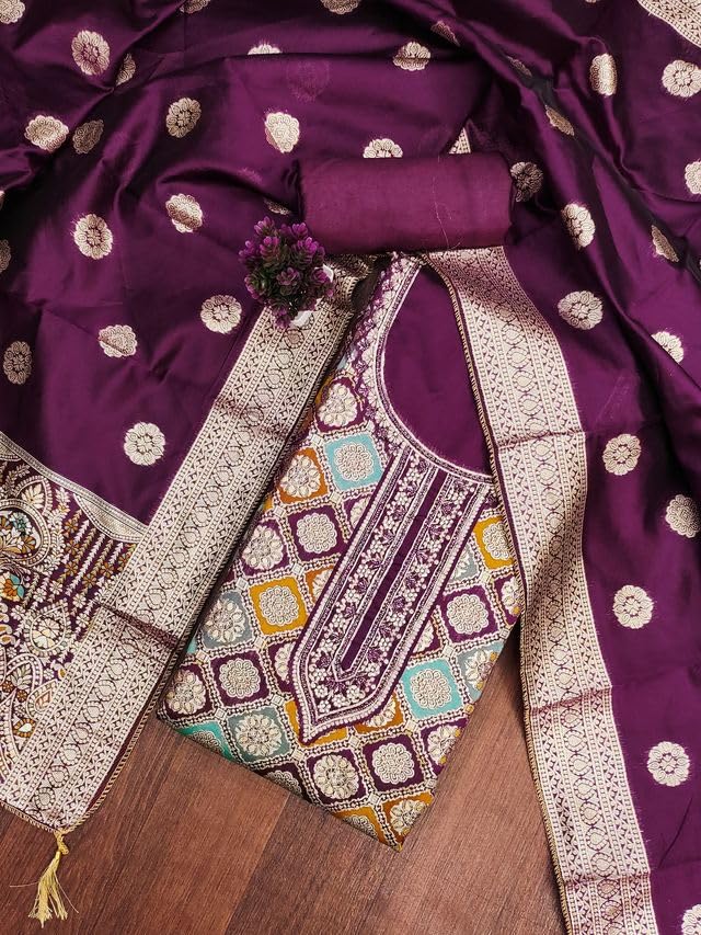 VARNI FABRICS Jacquard Dress Material for Women Geometric diamond Pattern Unstitched Woman Salwar Suit Dress Material With Jacquard Dupatta Dark Purple