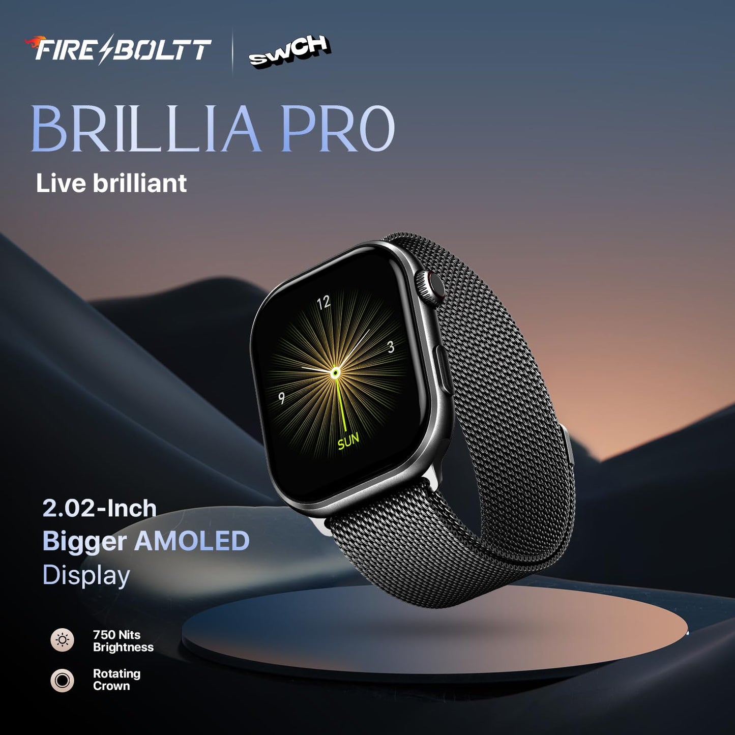 Fire-Boltt Brillia Pro Smart Watch with 51.3mm (2.02 inch) AMOLED Display, Bluetooth Calling, SpO2, Heart Rate Monitoring, 120+ Sports Modes, IP67 Waterproof, Long Battery Life (Black Mesh)