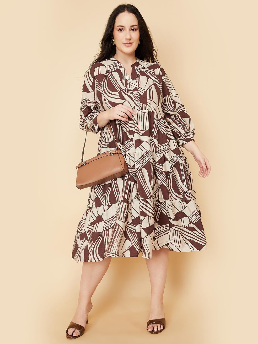 Max Women Printed Tiered Dress(Brown_3XL)