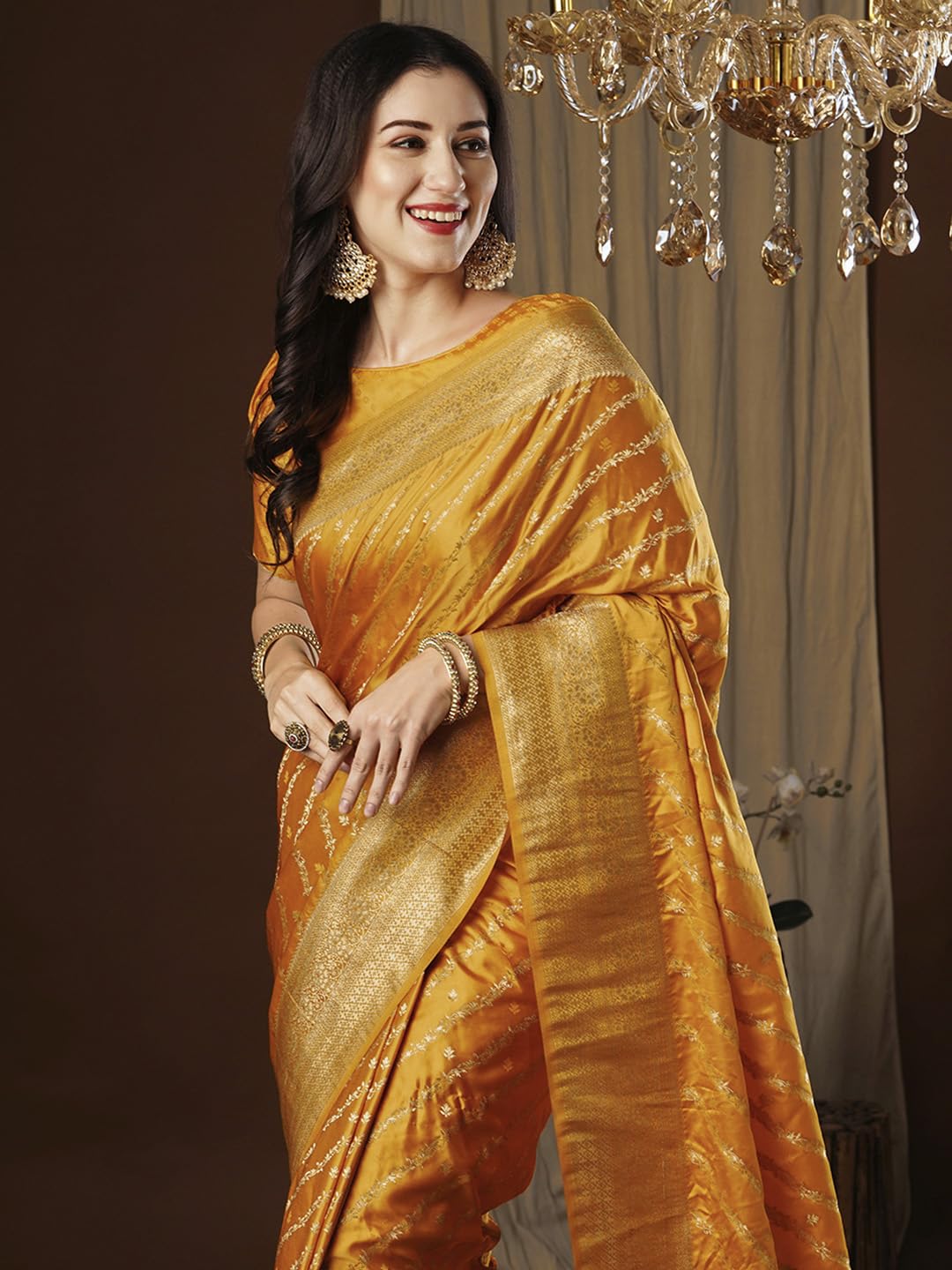 AKHILAM Women's Yellow Satin Silk Ethnic Motif Woven Design Saree With Unstitched Blouse (ARYA4404_FL)