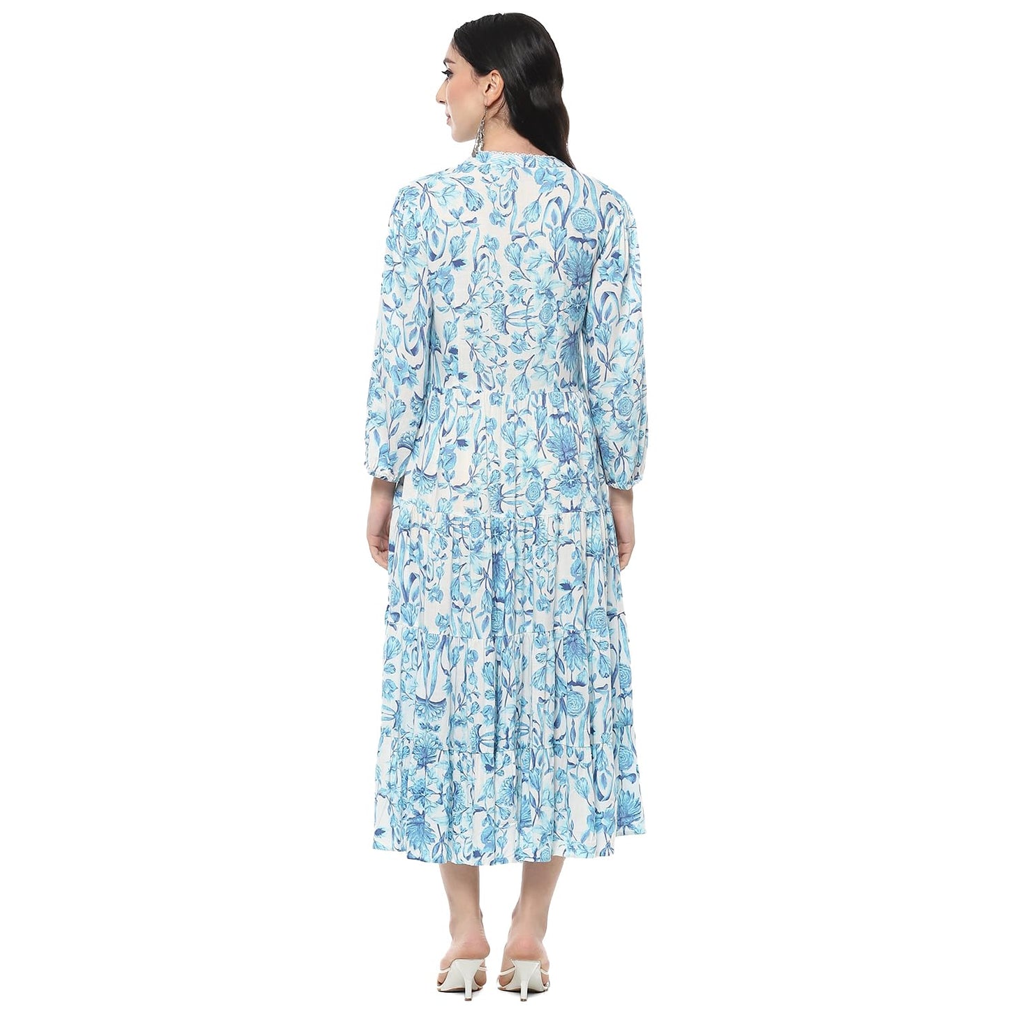BIBA Women Printed Tired One Piece Dress, Ankle Length Dress Mix and Match(Summer Staples Collection2378_White_34)