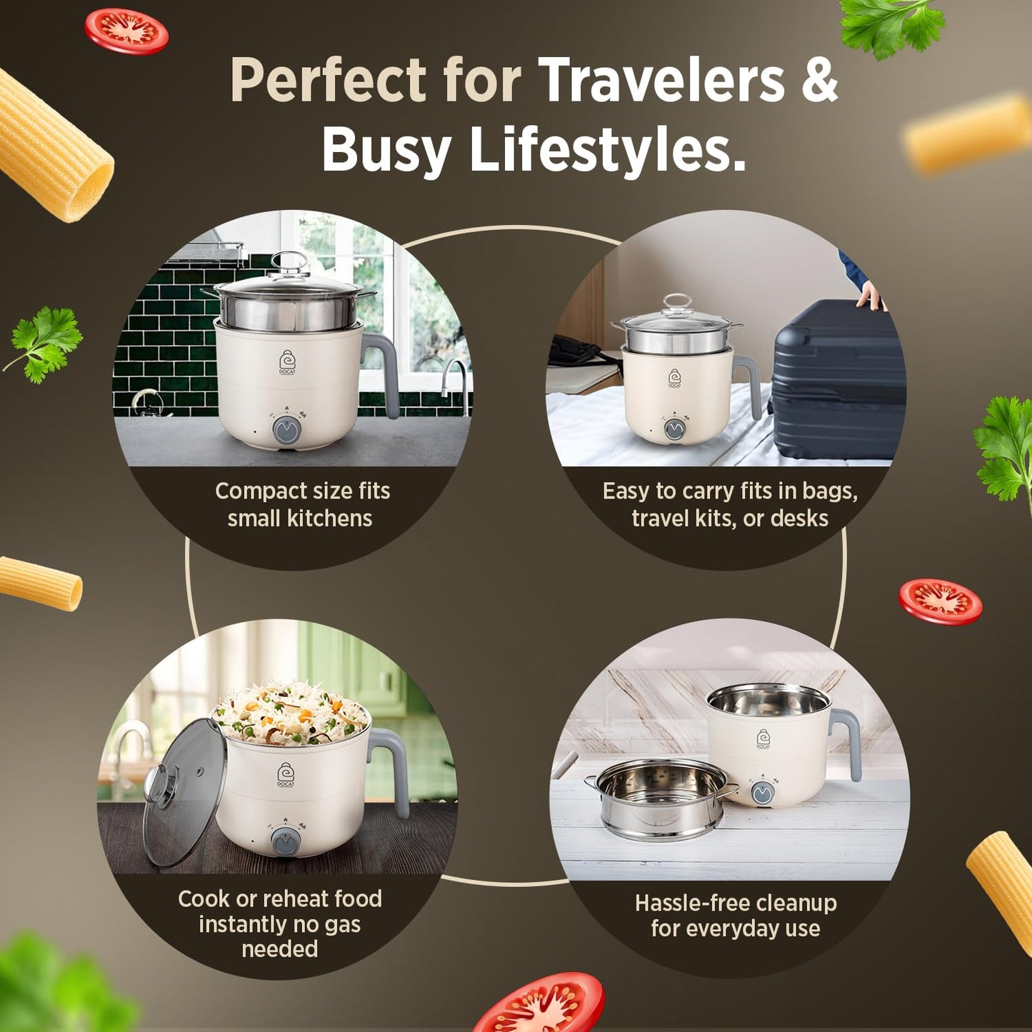 DOCAT Multi Cook Electric Kettle with Steamer 1.2 Liters Stainless Steel Non-stick Inner Pot, Adjustable Power Mode, Wide Mouth, Ideal for Boiling Milk, Tea, Coffee, Eggs & Steaming Veggies, 600 Watts