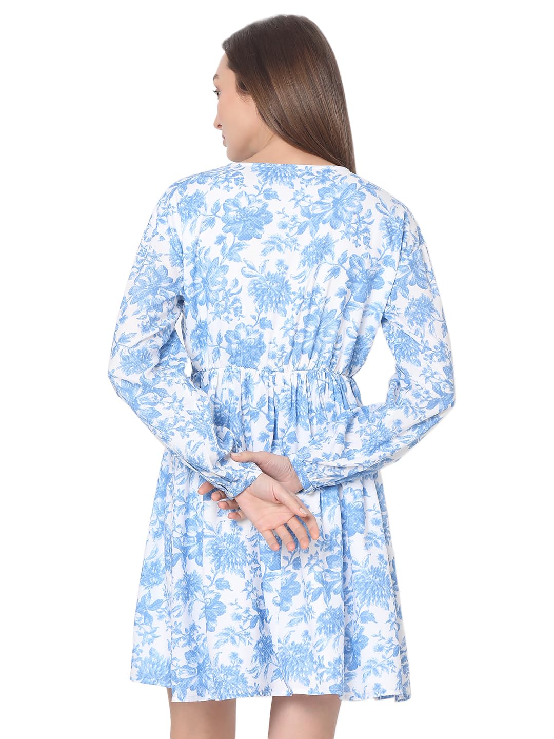 VERO MODA Women Floral Print Blue Polyester Above Knee Length Fit and Flare Dress