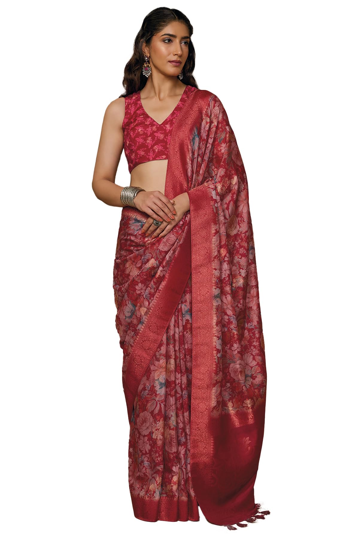 Soch Womens Deep Red Chanderi Floral Print Saree