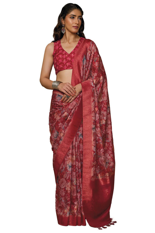 Soch Womens Deep Red Chanderi Floral Print Saree