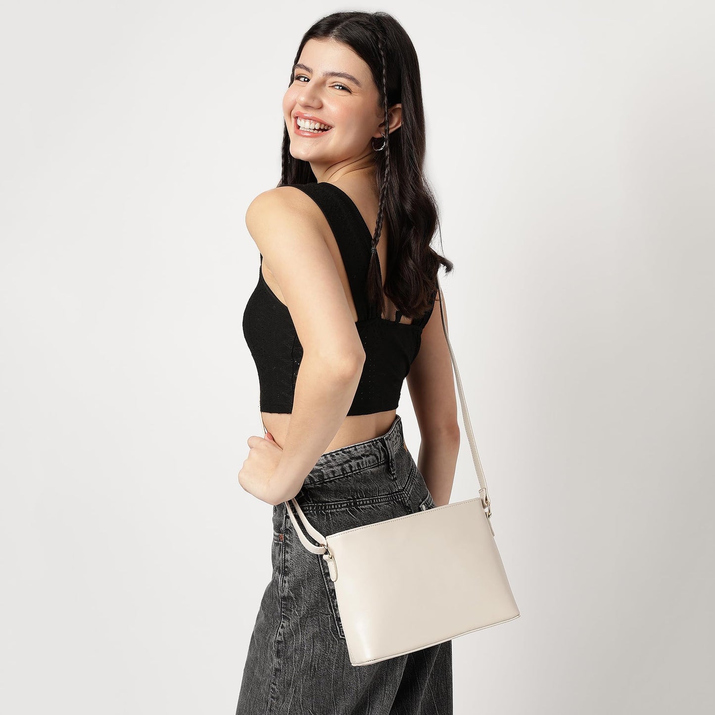 Fastrack Women and Girls Solid Casual Sling Bag, And With Adjustable Sling Strap, Beige