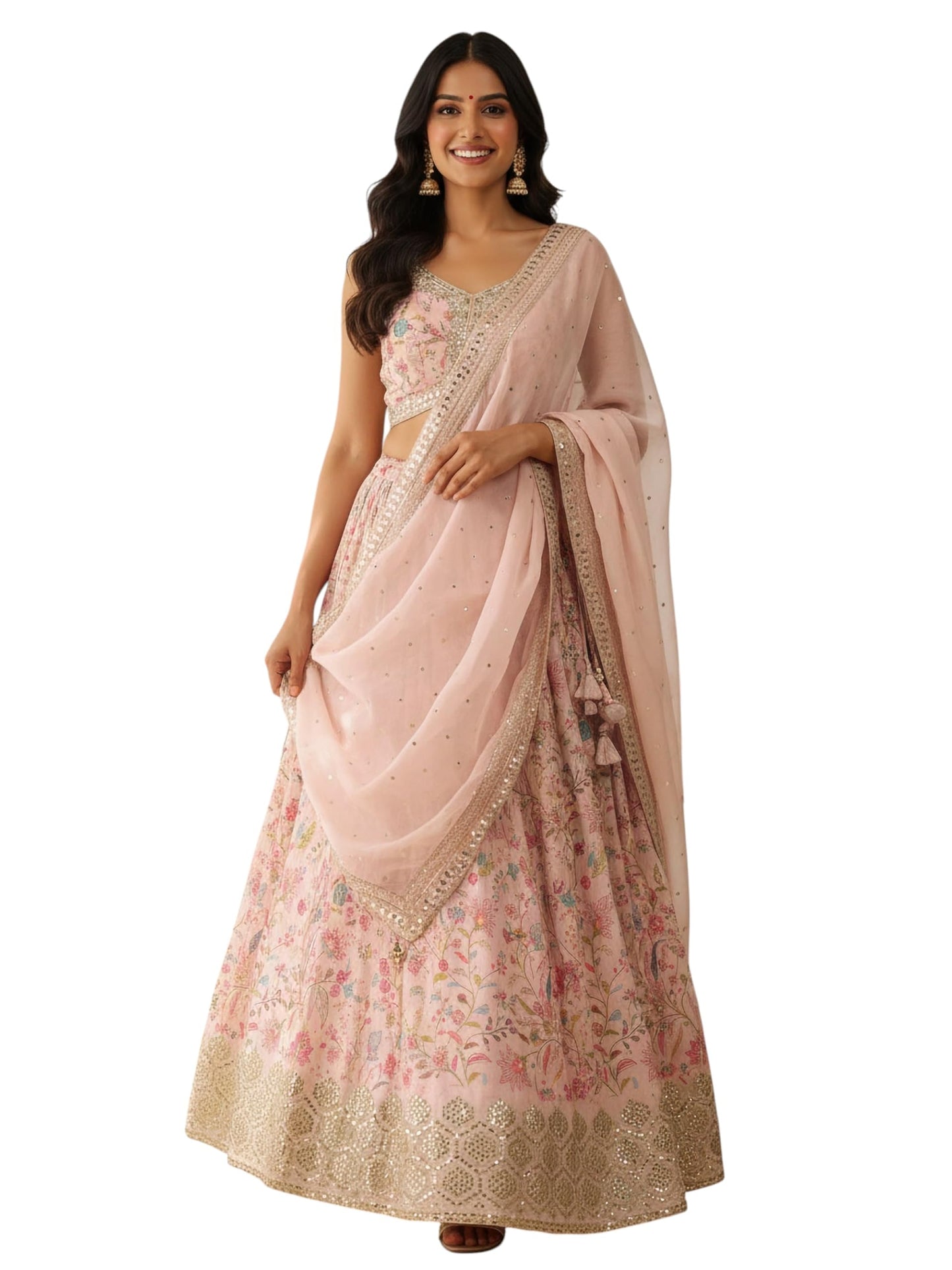 Zeel Clothing Women's Digital Print With Embroidered Organza Lehenga Choli With Dupatta (5104-Peach-Women-Lehenga-Choli-New, Free size)