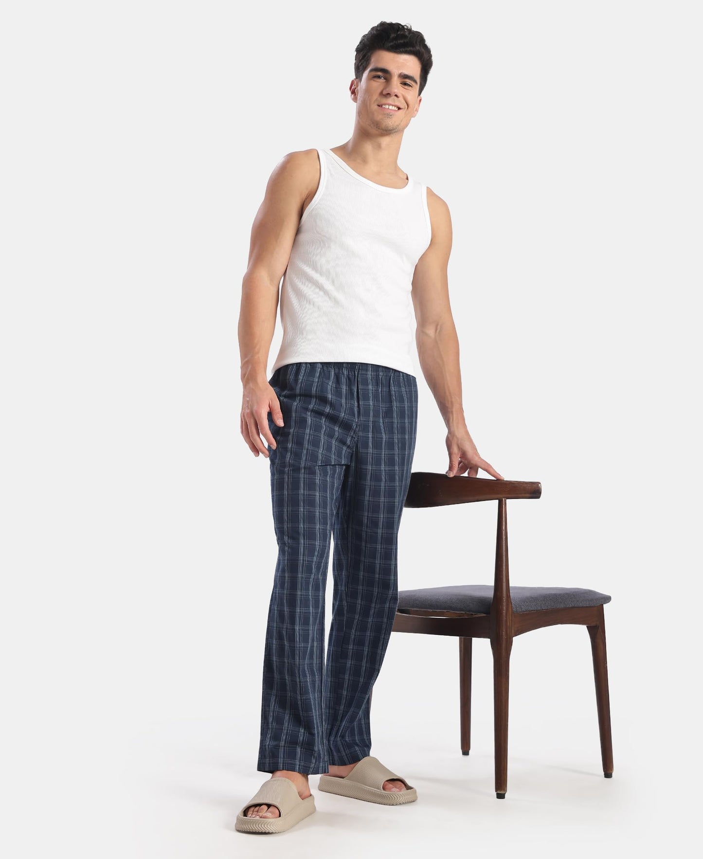 Jockey 9009 Men's Super Combed Cotton Woven Fabric Regular Fit Checkered Pyjama with Side Pockets_New Navy_XXL