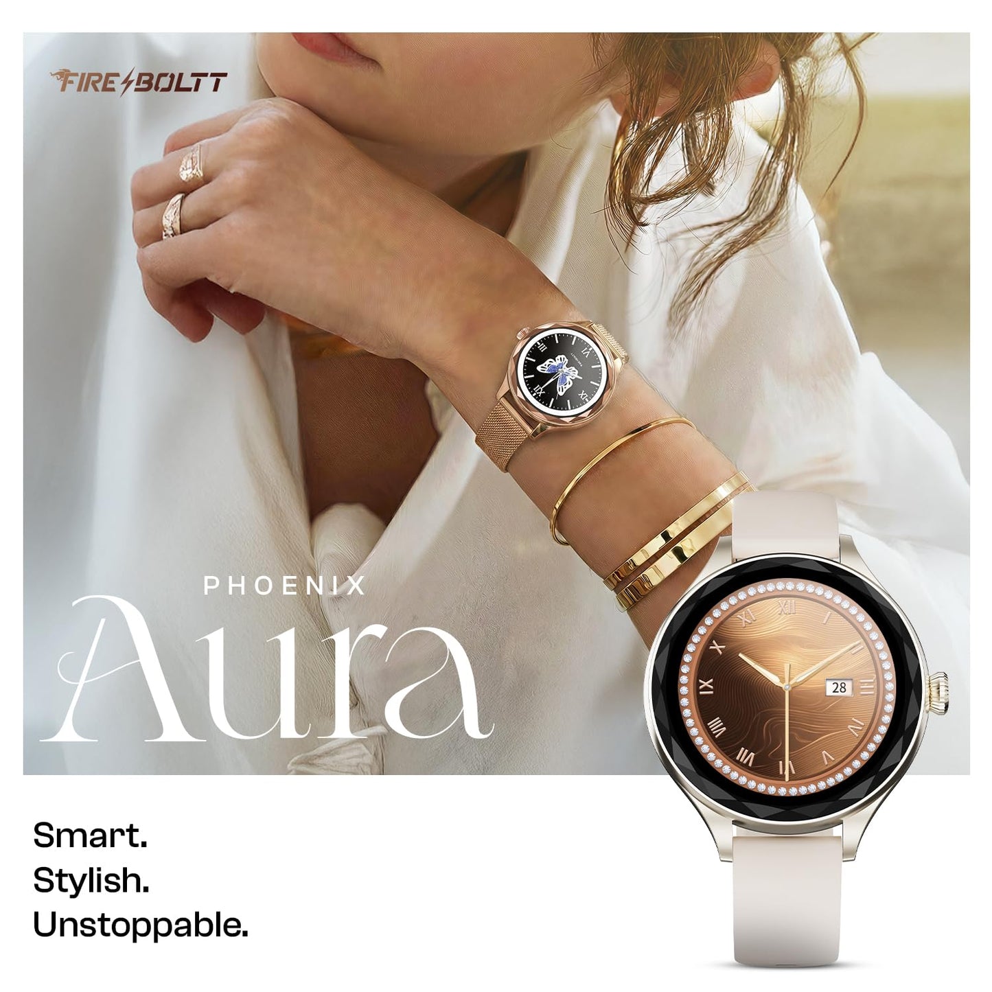Fire-Boltt Phoenix Aura Women Smart Watch with 1.26” Diamond-Cut HD Display, Rotating Crown, Wireless Charging, Bluetooth Calling, Voice Assistant, 120+ Sports Modes - Ivory White