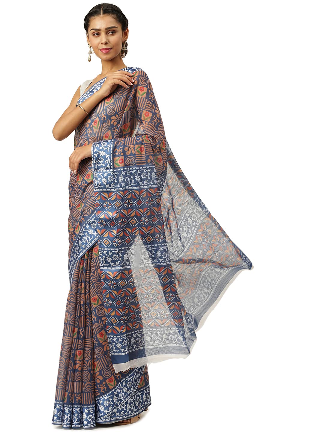 KARAGIRI Womens Digital Print Viscose Blue Saree With Blouse Piece