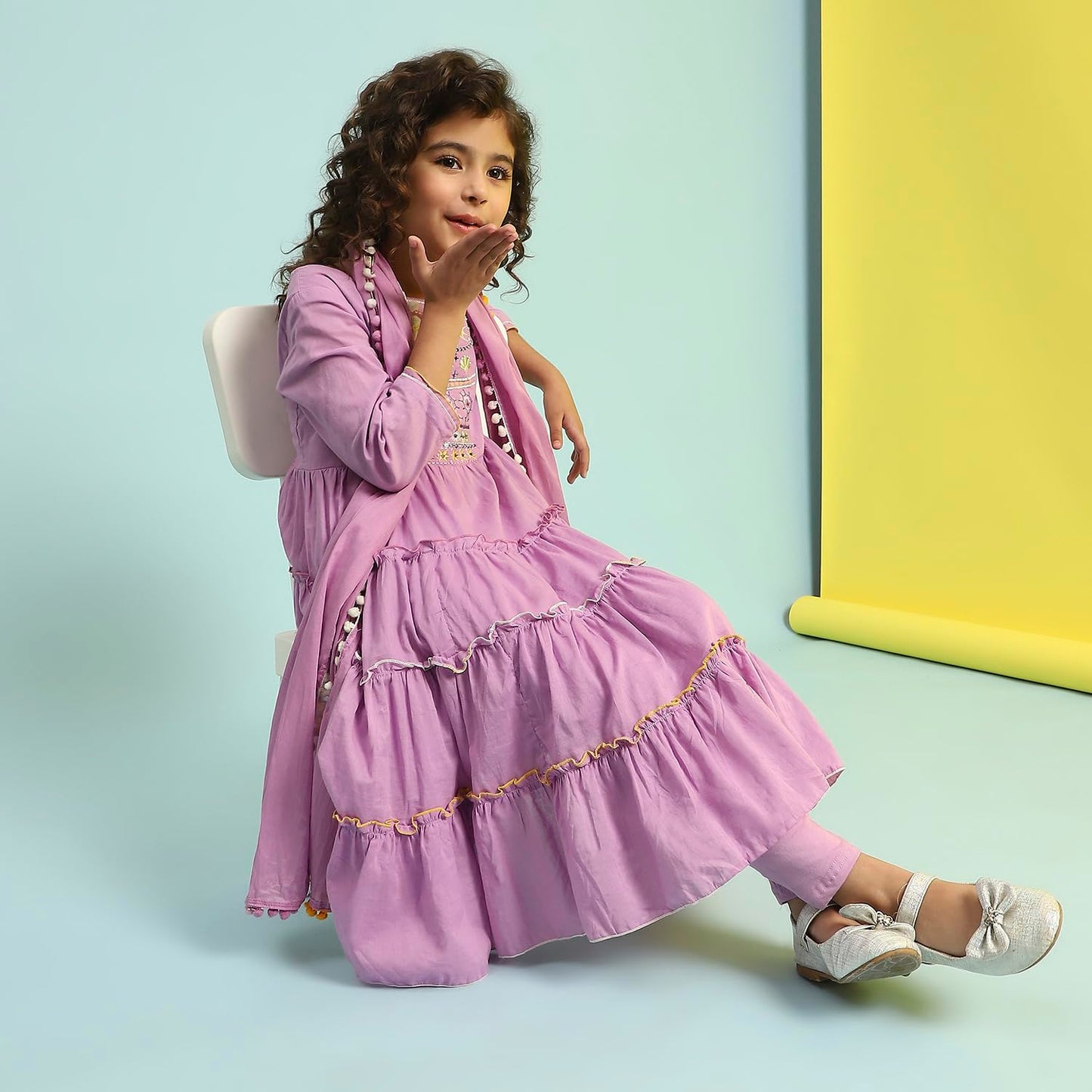 BIBA Girls Violet Tiered Cotton Solid Kurta suit set