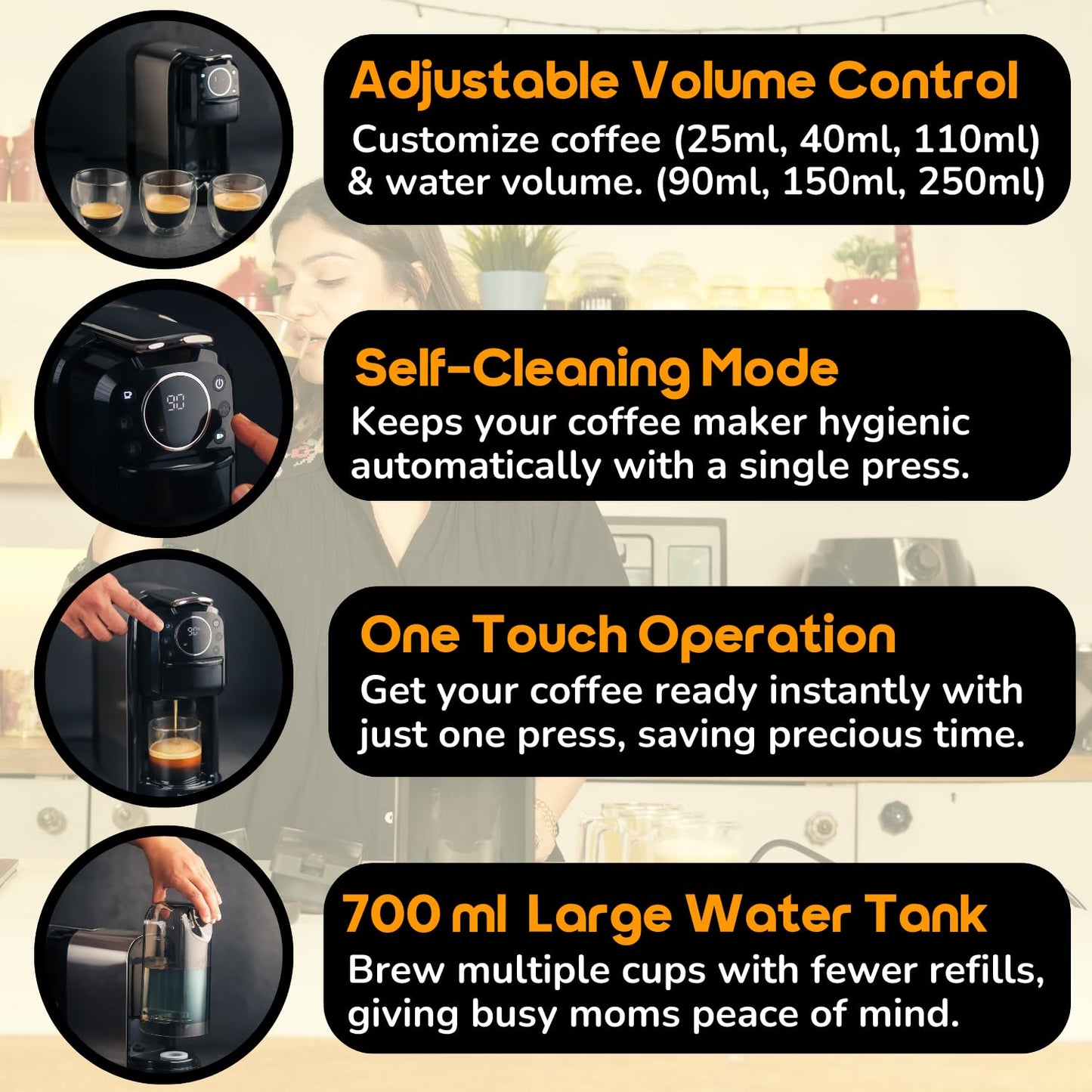 InstaCuppa 3-in-1 Espresso Coffee Maker, Works with Ground Coffee, Pods & Capsules, Electric Kettle Mode with Temperature Control, Adjustable Volume, Self-Cleaning, LED Touch Control and Display