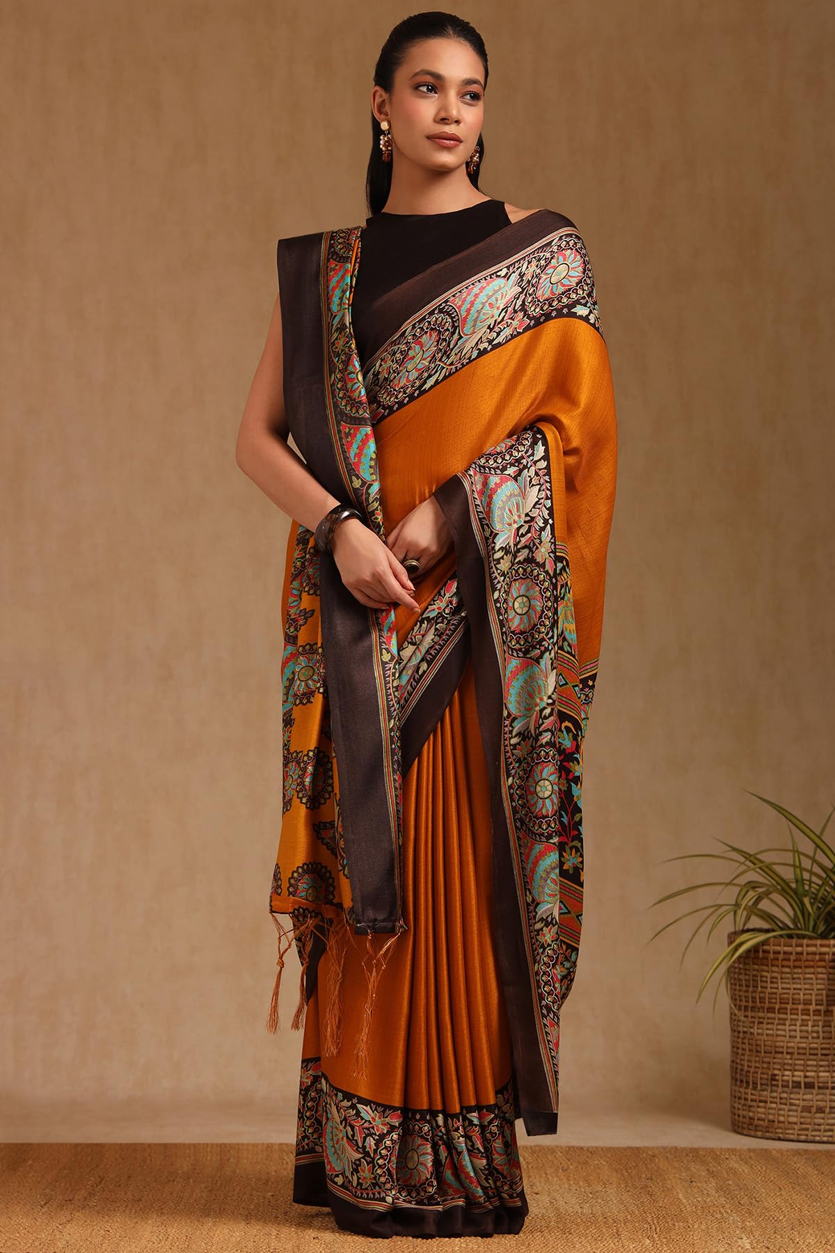 Soch Womens Mustard Pashmina Floral Print Saree