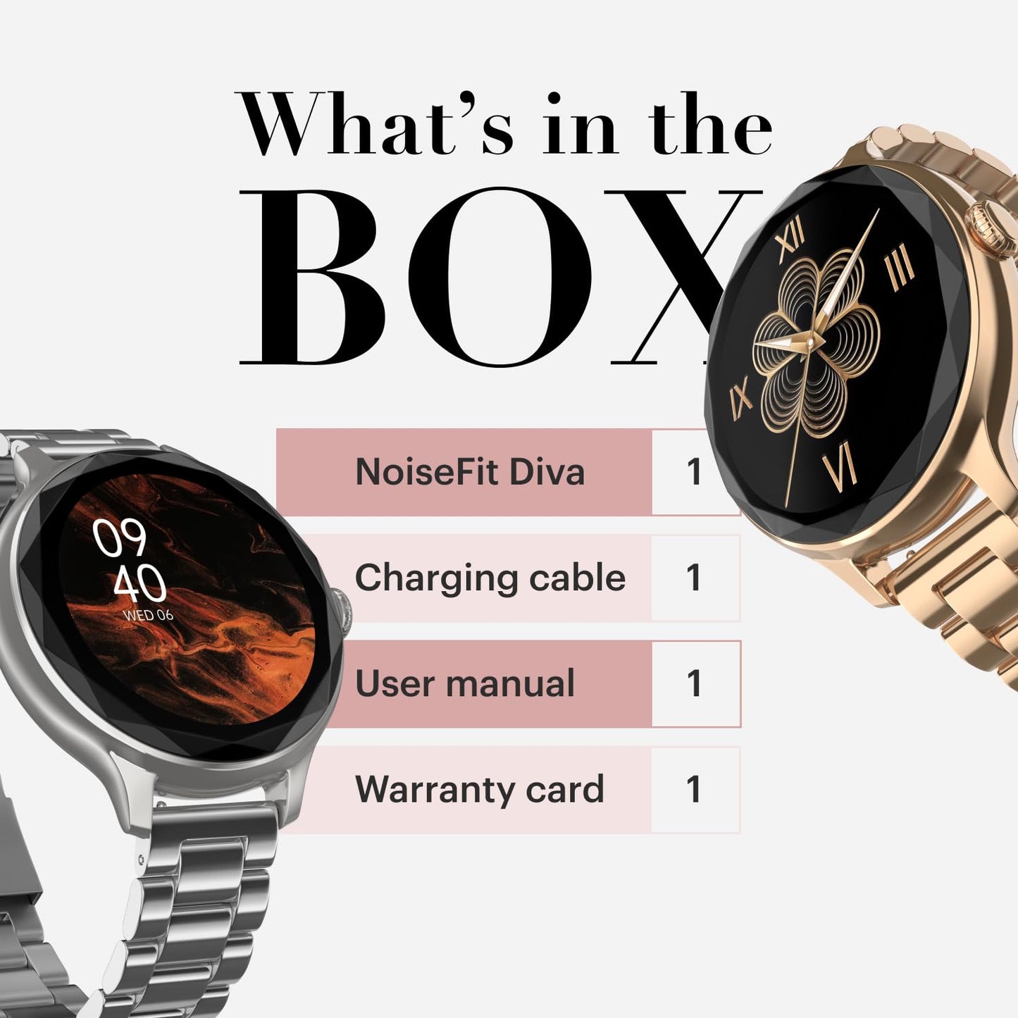 Noise Diva Smartwatch for Women with Diamond Cut Dial, Glossy Metallic Finish, AMOLED Display, New Metal Straps, 100+ Watch Faces, Female Cycle Tracker Smart Watch for Women (Rose Gold)