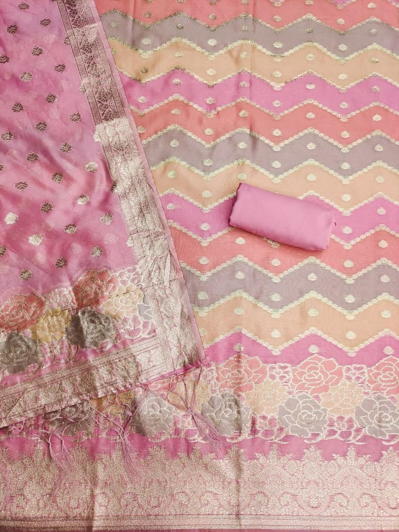 SHANTVAN GALLERY Banarasi Organza Cut Paste Suit Set with Silk Jacquard Dupatta, Heavy American Crape Bottom, 2.5 Meter, (Pink)