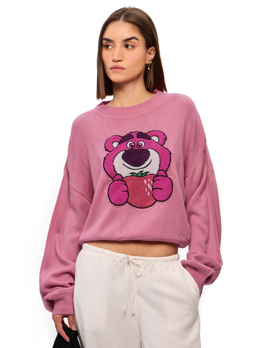 The Souled Store Disney: Lotso Bear Women and Girls Toweling Embroidered Oversized Sweater Pink