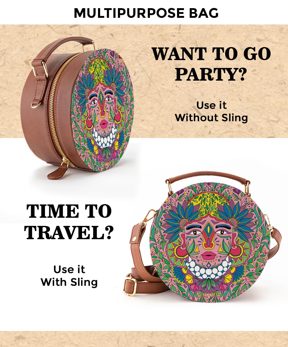 Kalankit Round Sling For Women | Girls Crossbody Bags | Side Bags With Adjustable Strap | Travel Box Sling Bags | Ancient Culture