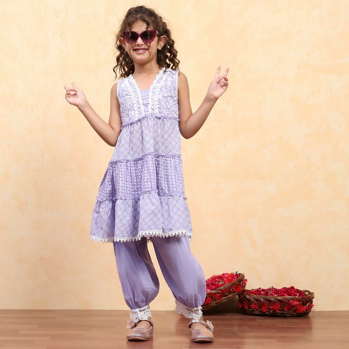 Biba Girl's Purple Cotton Tiered Printed Kurta Salwar Set