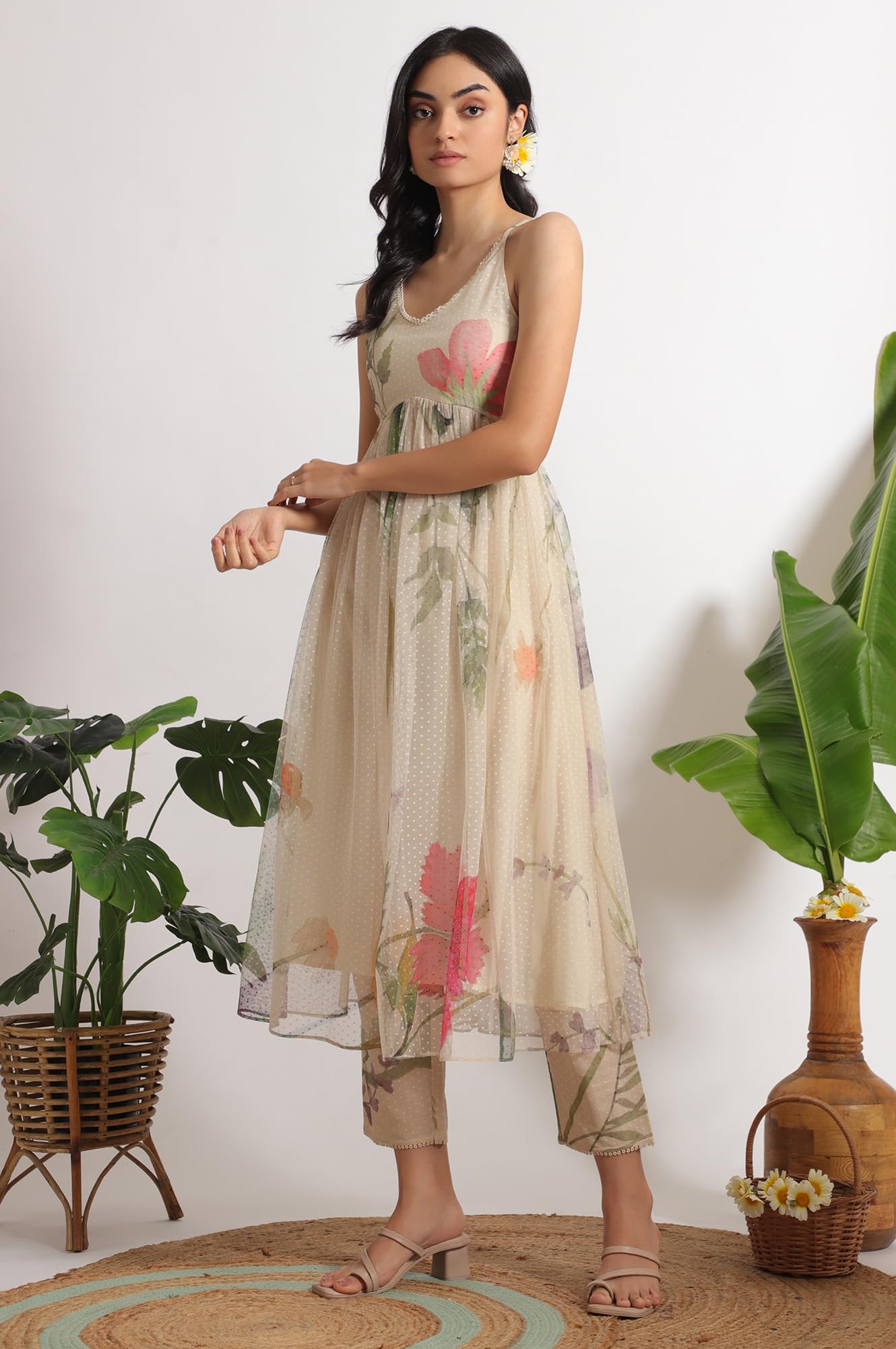 W for Woman Light Beige Floral Printed Swiss Dot Net Spaghetti Flared Kurta, Pants and Dupatta Set (Size: XL)-WS12397-125754