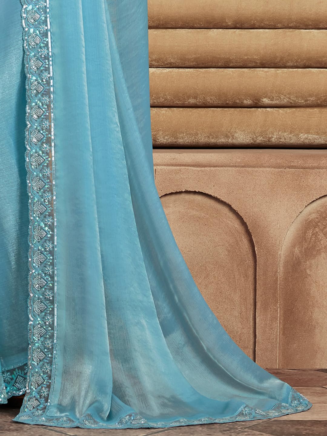 AKHILAM Women's Light Blue Chiffon Sequins Embellished Saree with Unstitched Blouse Piece (SRVATN7902_TFH)