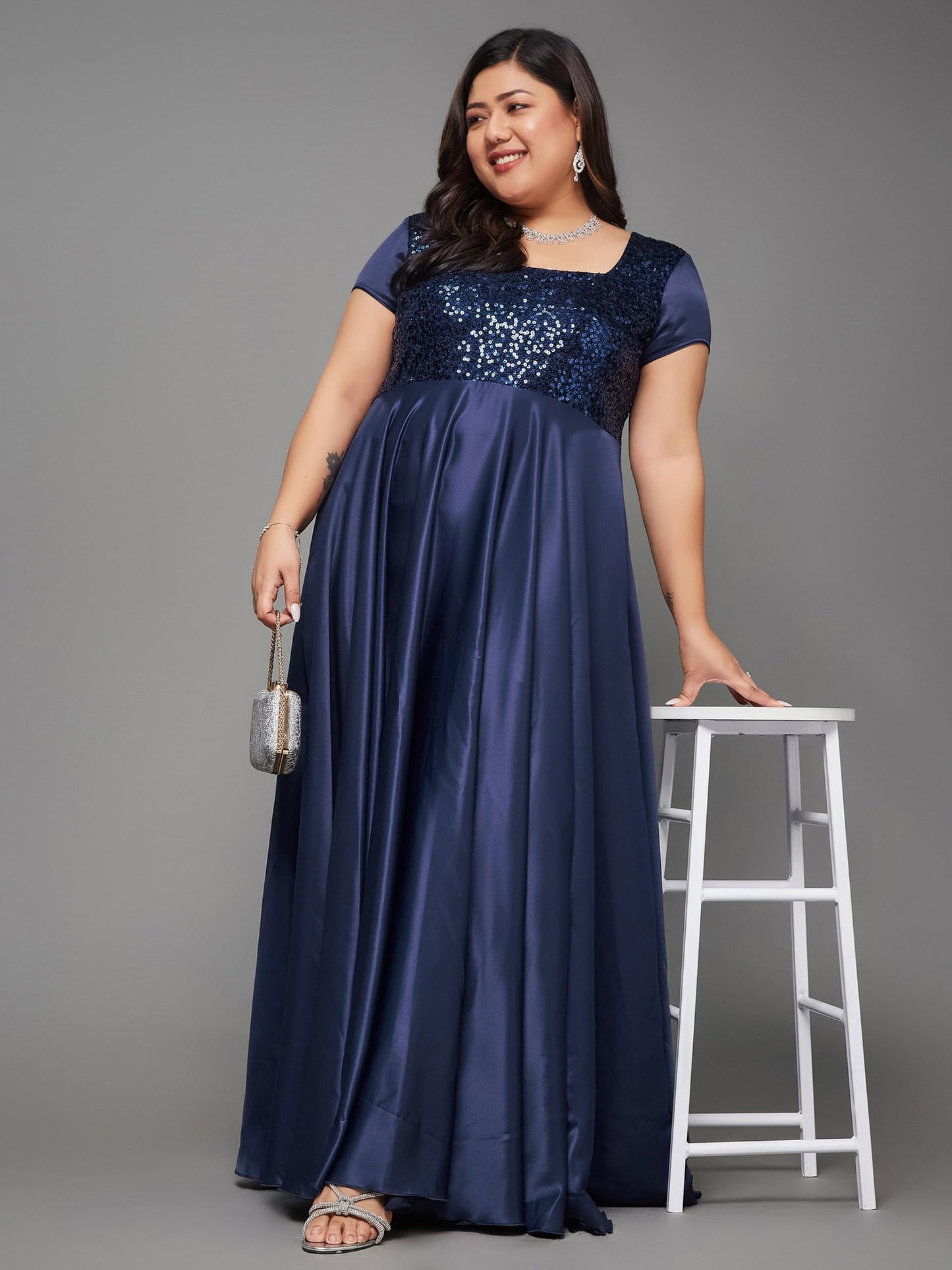 Miss Chase A+ Women's Square Neck Short Sleeve Embellished Polyester Fit & Flare Maxi Dress with Pockets (APSS23D06-60-71-06, Navy Blue, XL)
