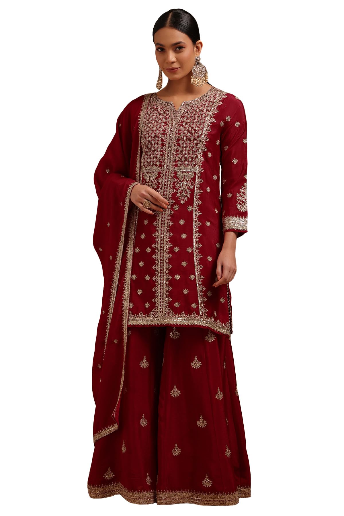 Soch Womens Brick Red Chinon Sequin Embellished Salwar Suit