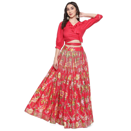 BIBA Women Rayon Printed Lehenga Set (SKIRTSE2113AW23FUS_Pink_L)