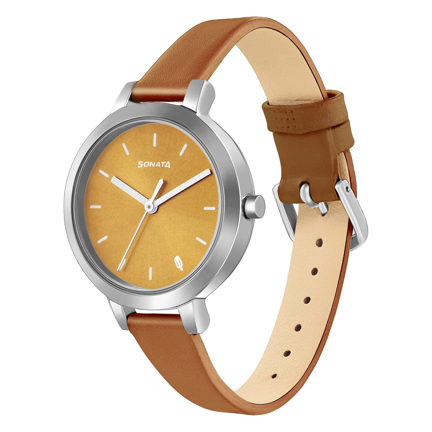 Sonata Play Yellow Dial Women Watch with Leather Strap-8141SL03