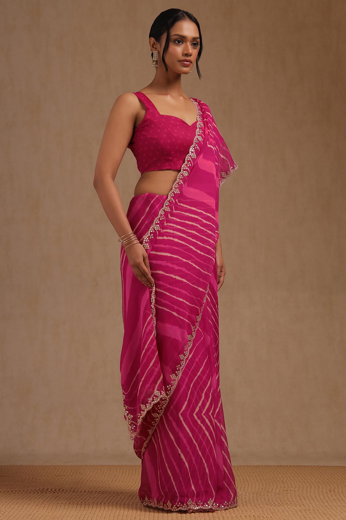 Soch Womens Fuchsia Georgette Leheriya Print Saree With Sequins