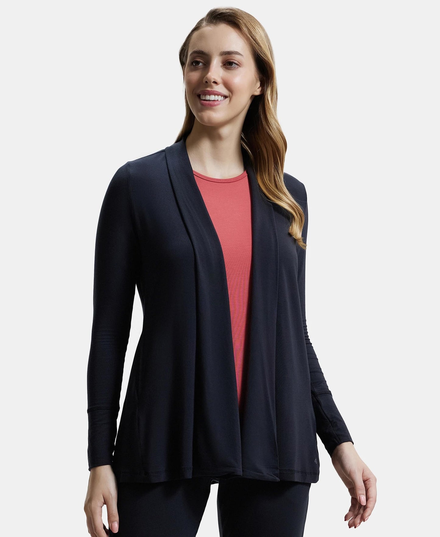 Jockey JW53 Women's Tencel Lyocell Elastane Stretch Relaxed fit Full Sleeve Shrug with Front Closure Buttons_Black_L