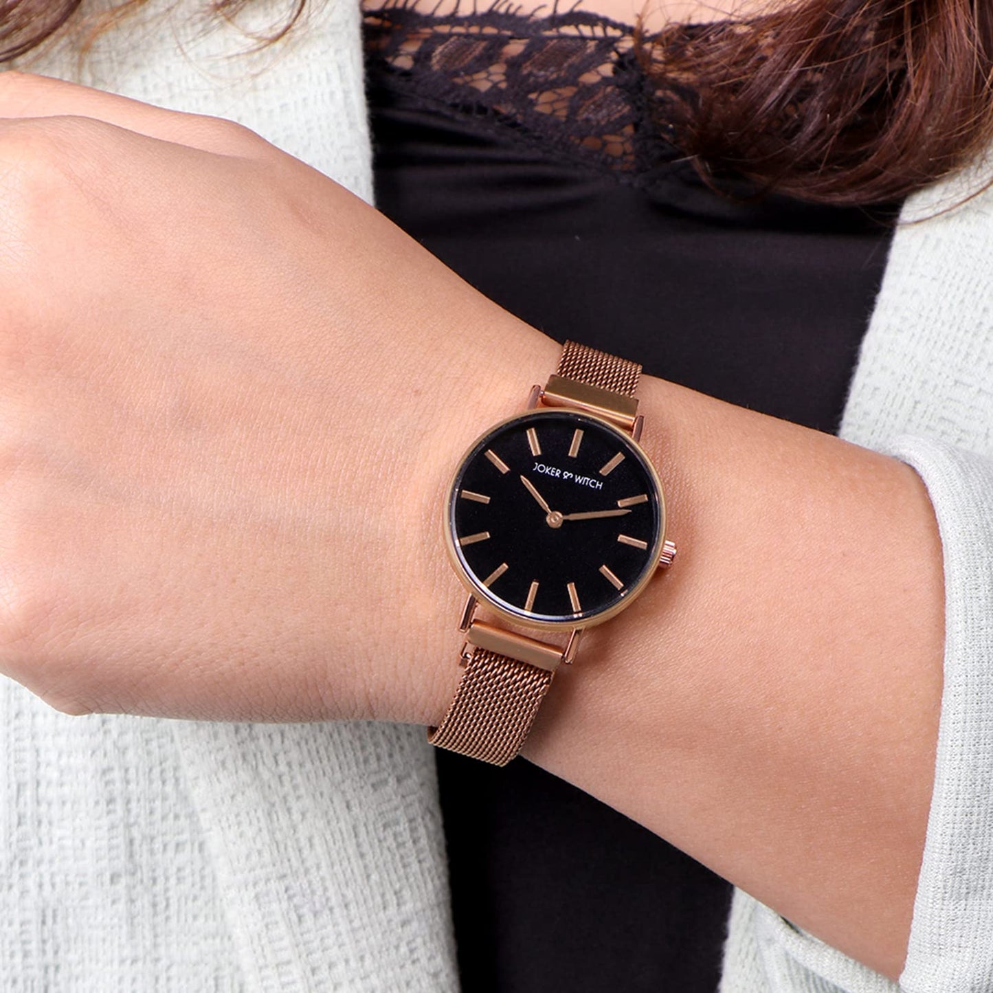 Joker & Witch Natalie Black Dial 14mm Rose Gold Stainless Steel Watch for Women