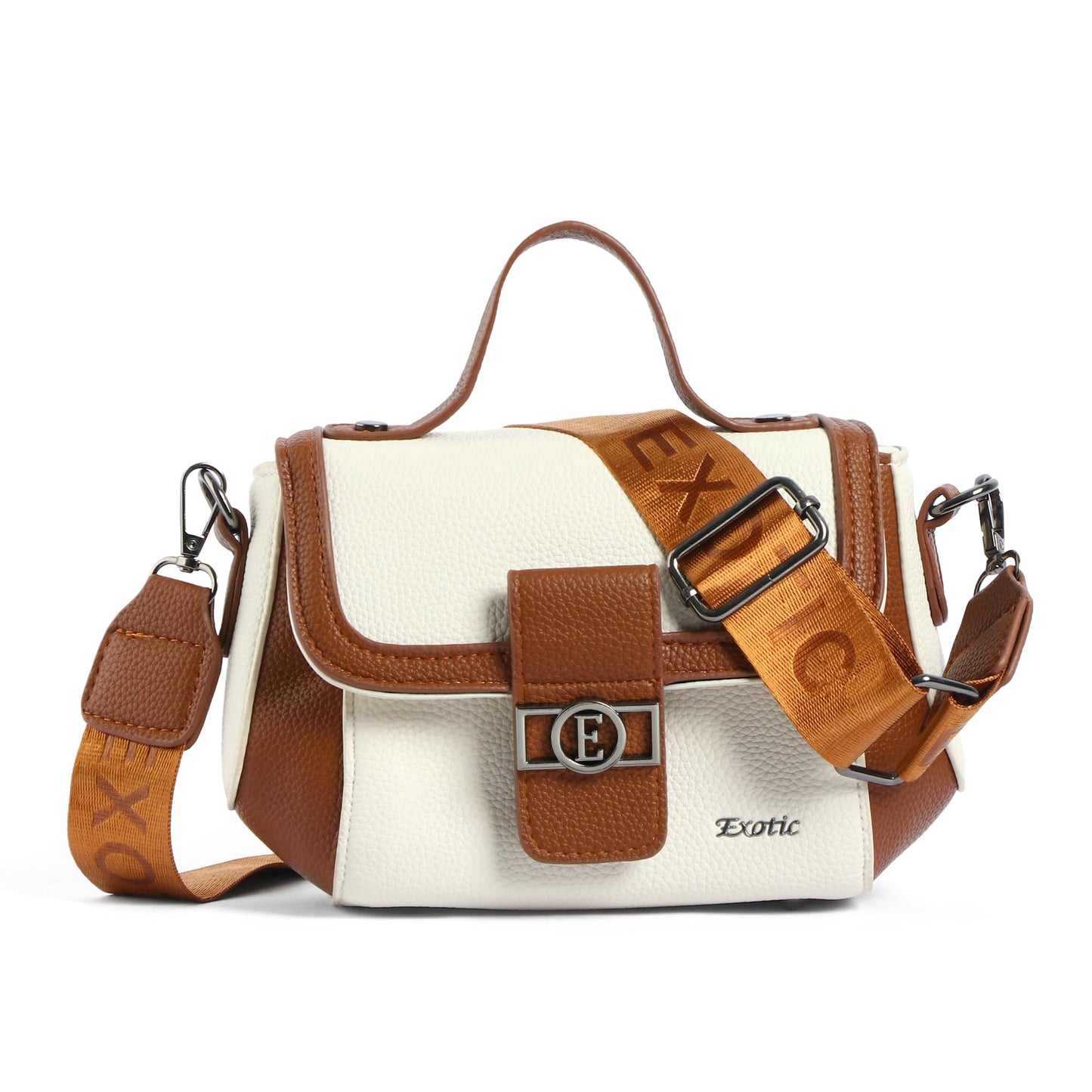 EXOTIC Premium H-Lock Sling & Hand Bag for Women | PU Leather Crossbody with Magnetic Lock, Adjustable Strap & Top Handle | Ideal for Office, Travel & Daily Use (White-Brown)