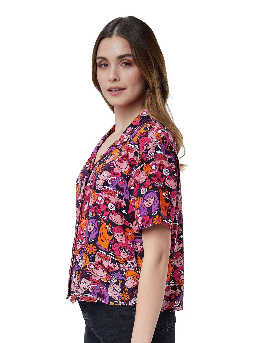 The Souled Store| Official Scooby Doo: The Gang Womens and Girls Shirts|Half Sleeve|Regular fit Graphic Printed|100% Cotton (Poplin) Black Color Women Hawaiian Shirts