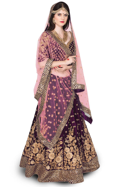 Zeel Clothing Women's Velvet Semi stitched Lehenga Choli (7024-Purple-Wedding-Bridal-Latest_Purple_Free Size)