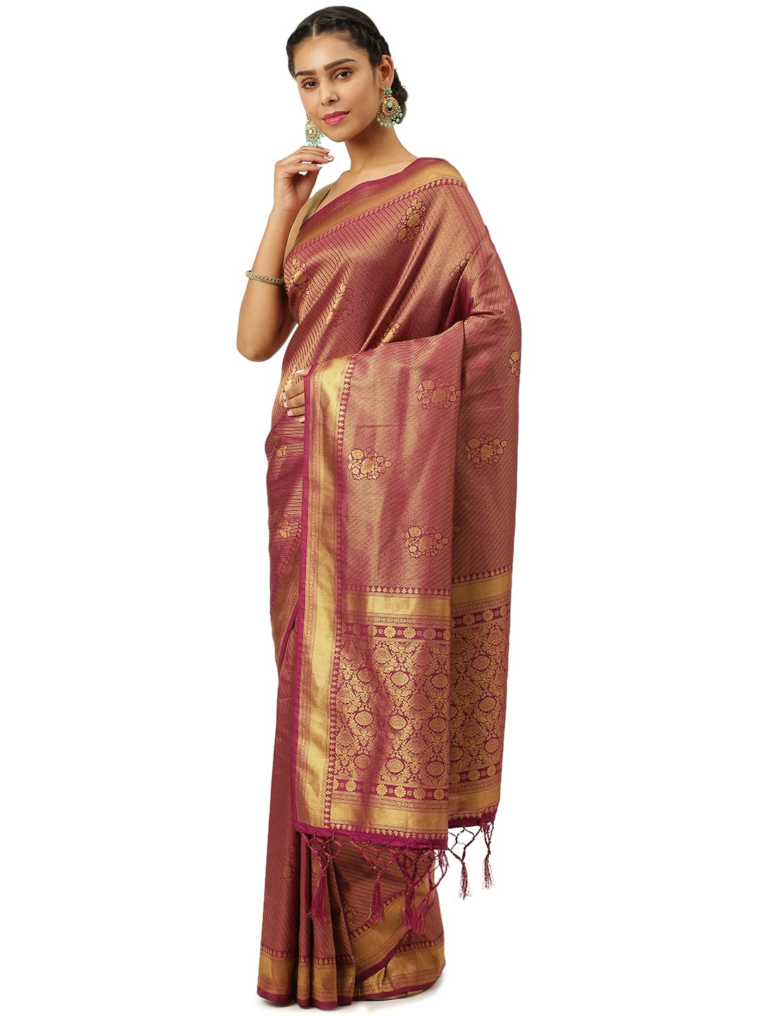 KARAGIRI Womens Kanjivaram Silk Purple Saree With Blouse Piece