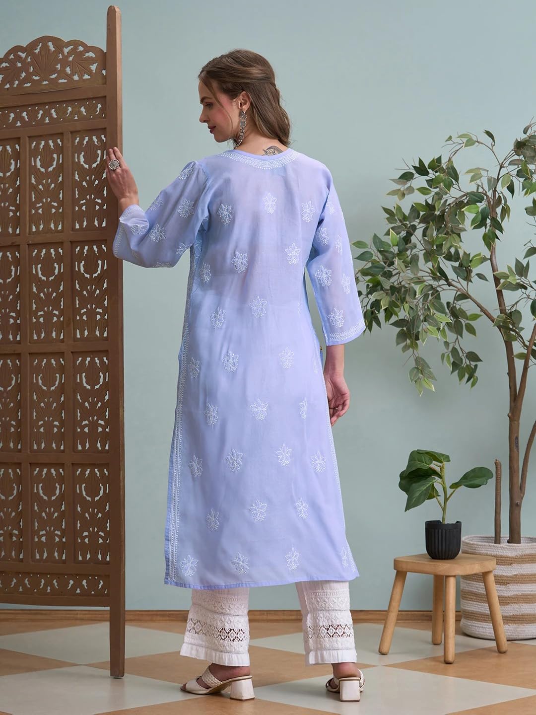 Ada Lucknowi Hand Embroidered Mauve Cotton Chikankari Kurta Kurti Tunic for Women A411790 (M)