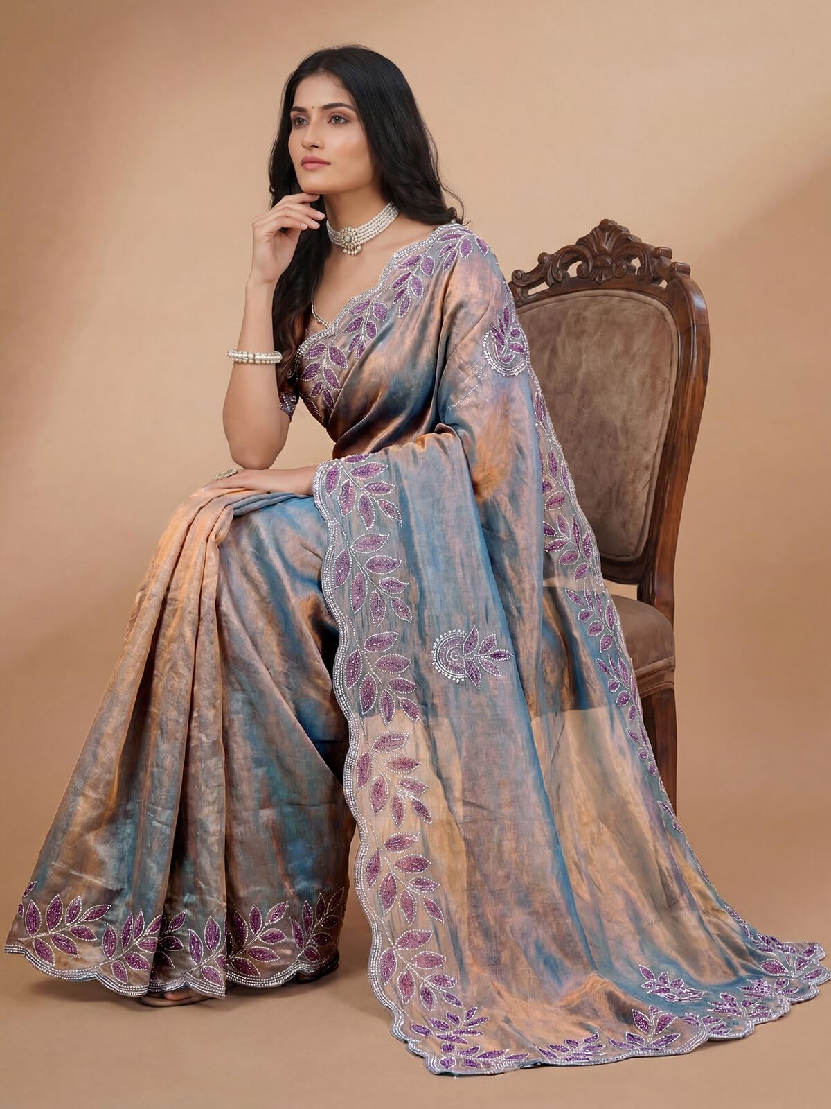 SIRIL Women's Shimmer Chiffon Scalloped Border Stone Work Embroidery Saree with Unstitched Blouse Piece (4974S941A_Lavender)