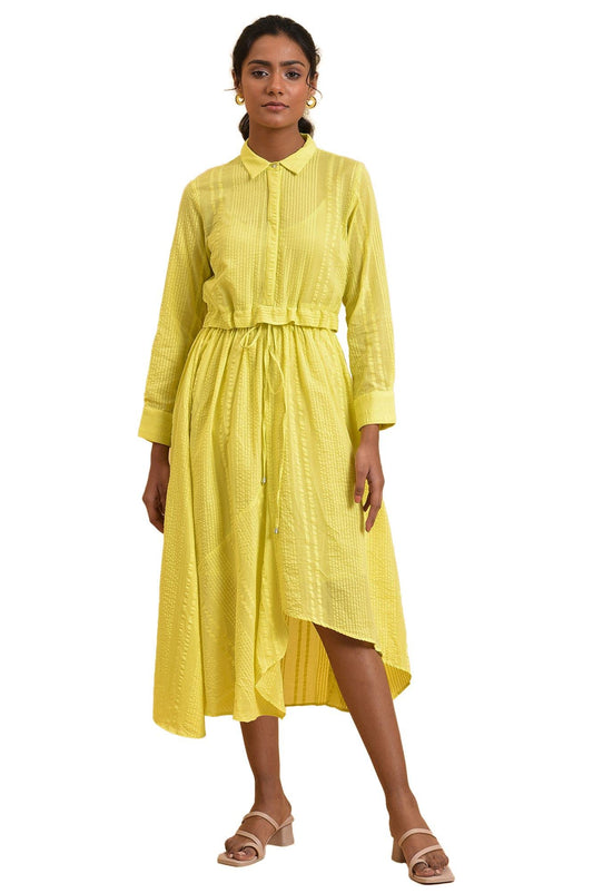 W for Woman Women's Cotton Green Gathered Shirt Collar Dress Calf Length (23FEW18705-312376_Celery 12)