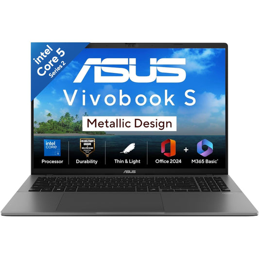 ASUS Vivobook S16,14th Gen, Intel Core 5-210H,Metallic Design Laptop(Intel UHD iGPU/16GB RAM/512GB SSD/FHD+/16""/144Hz/Windows 11/M365 Basic(1Year)*/Office Home 2024/Matte Gray/1.7Kg) S3607VA-RP113WS