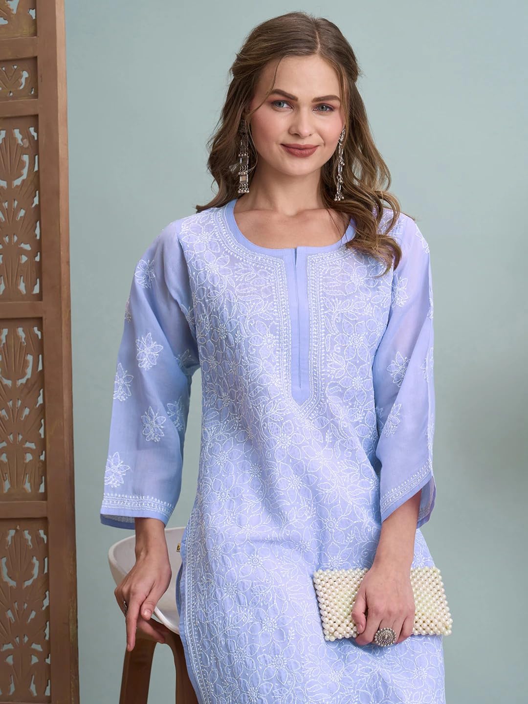 Ada Lucknowi Hand Embroidered Mauve Cotton Chikankari Kurta Kurti Tunic for Women A411790 (M)