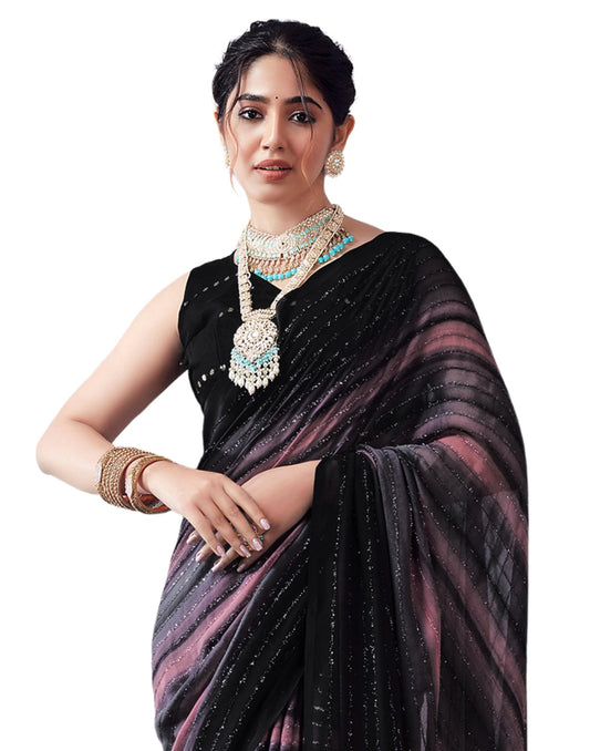 SIRIL Women's Georgette Printed Zari Stripe Saree With Unstitched Blouse Piece (3498S726_Black)