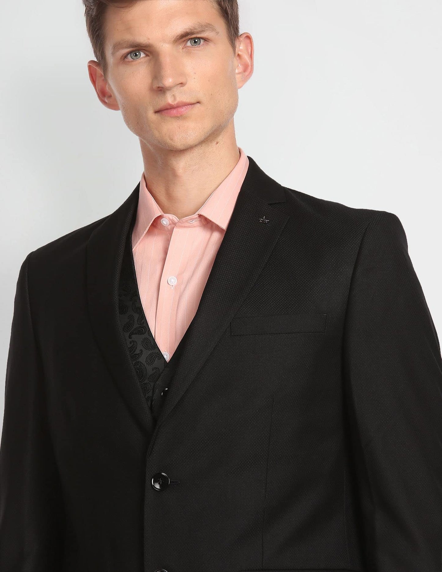 Arrow Men's Rayon Notch Lapel Collar Patterned Dobby Three Piece Suit (ARAFSU5515_Black