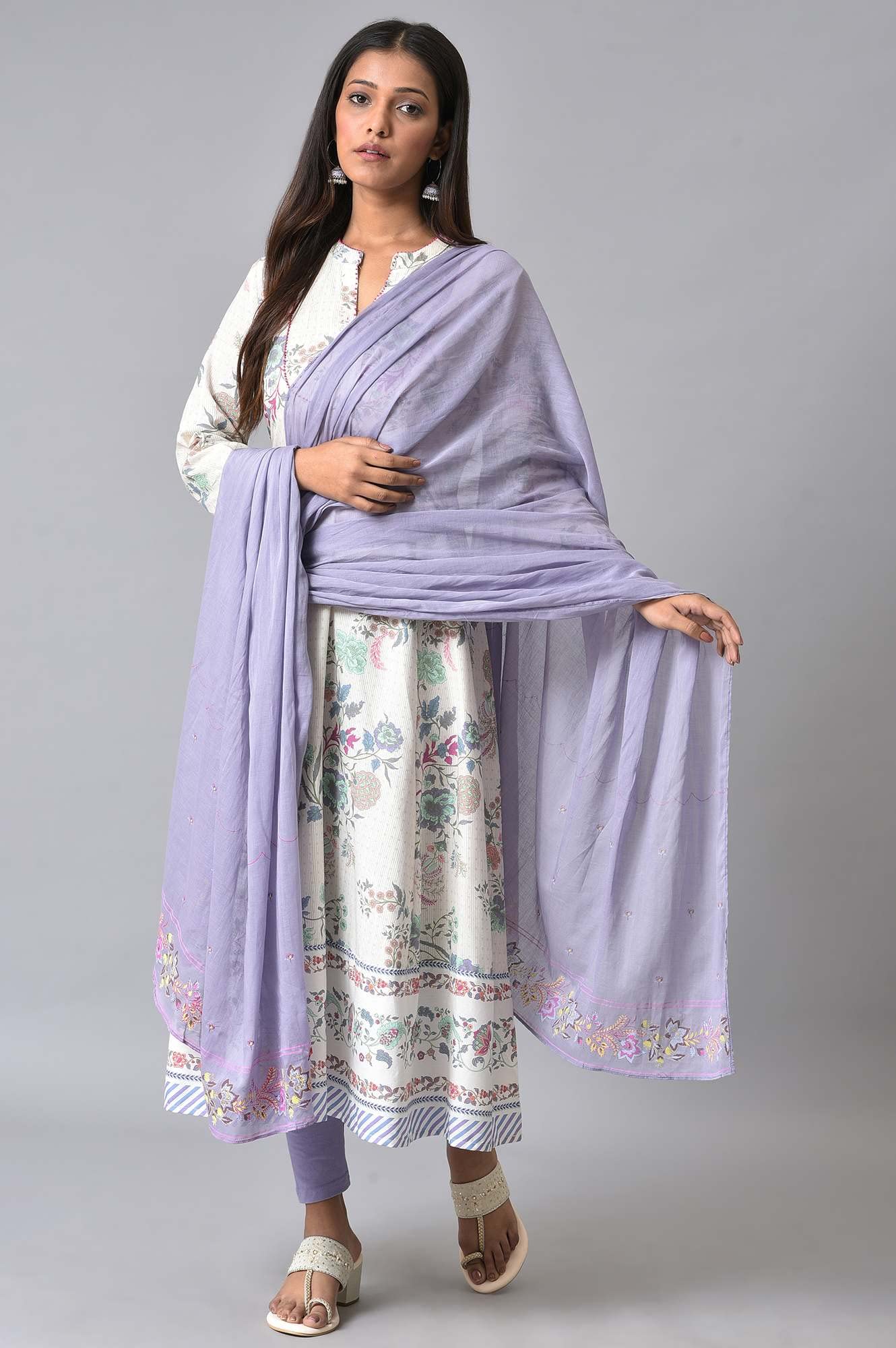 W for Woman Women Purple Cotton Floral Printed Dupatta, Free Size_WFS